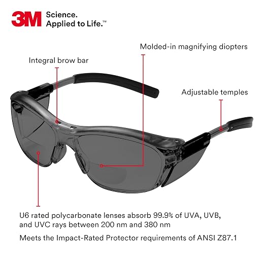 3M Safety Glasses with Readers, Nuvo Readers, +2.0 Diopter, ANSI Z87, Gray Lens, Gray Frame, Soft Nose Bridge, Side Shields