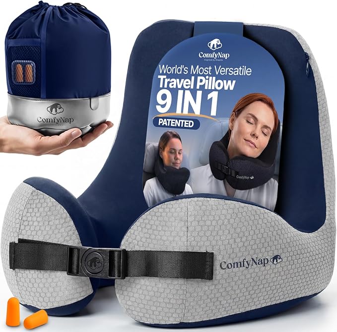 ComfyNap® Versatile Travel Neck Pillow for Airplane [Patented], 9 Positions in 3 Techniques, Plane Pillow with Pure Memory Foam, Travel Pillow with HeadRest Flight Sleep, Travel Essential - Earth