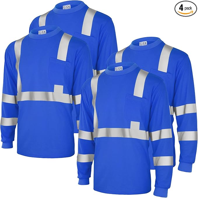 Amylove 4 Pcs Long Sleeve Safety Shirt High Visibility Reflective Construction Work Shirts for Men Women(XL,Blue)