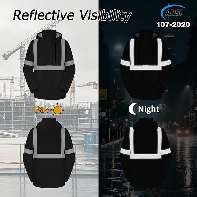 Rain Jacket, High Visibility Rain Coat, Waterproof Raincoat with Hood, Lightweight Rain Suit for Outdoor Activities, Rain Ponchos for Adults Reusable, Men Women, Black T, L-XL