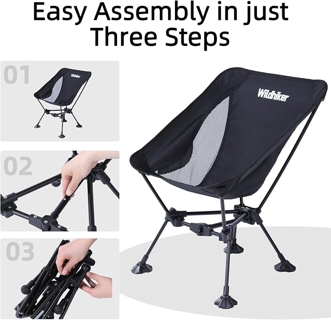 Wildhiker Ultralight Backpacking Chair – Compact Camping Chairs for Adults with Pouch, Weighs 2.8 lbs with Anti-Sinking Large Feet for Beach, Hiking, Motorcycle, Travel, Festival – Black 2pcs