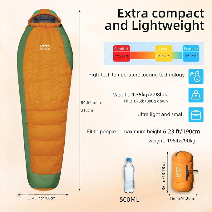 Down Sleeping Bag with Pillow, 0°F 20°F 32°F Regular and XL Compact Lightweight Sleeping Bag for Adults,Teens Backpacking,Camping and Hiking Outdoor