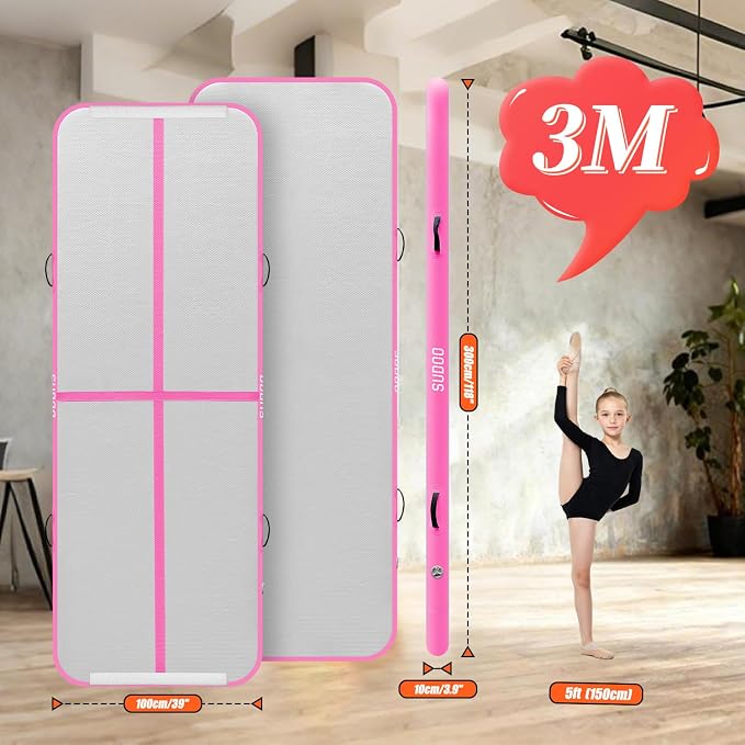 SUDOO Gymnastics Air Mat 10ft/13ft/16ft Inflatable Air Tumble Track Mat 4" Thick Tumbling Mat With Pump or No Pump for Training Tumble Yoga Cheerleading Parkour Beach Water Activities Home Use