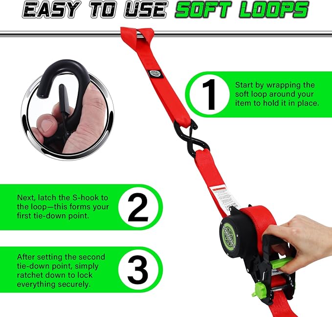 Retractable Ratchet Straps (2pk) -Patented | 1.5 in x 16 ft Heavy Duty Auto Ratchet Straps with Soft Loops | Perfect Automatic Tie Downs for Motorcycle,Kayak and Truck | Break Strength 5,000LBS/2268KG