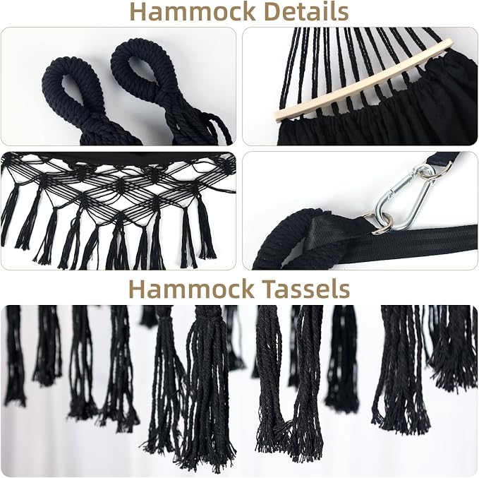 Portable Double Hammock, Hanging Hammock with Tassels and Fishtail Knitting, 550LB Capacity, 320GSM Hanging Bed with Set Full Accessories for Outdoor Camping Patio Balcony Black