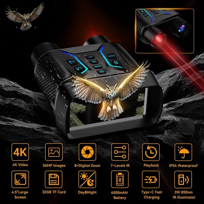 Night Vision Goggles - 4K Night Vision Binoculars for Adults, 4500mAh Rechargeable Infrared Binoculars with 4.5'' Large Screen, 8X Digital Zoom, 32GB TF Card to Save Photos and Videos for Camping