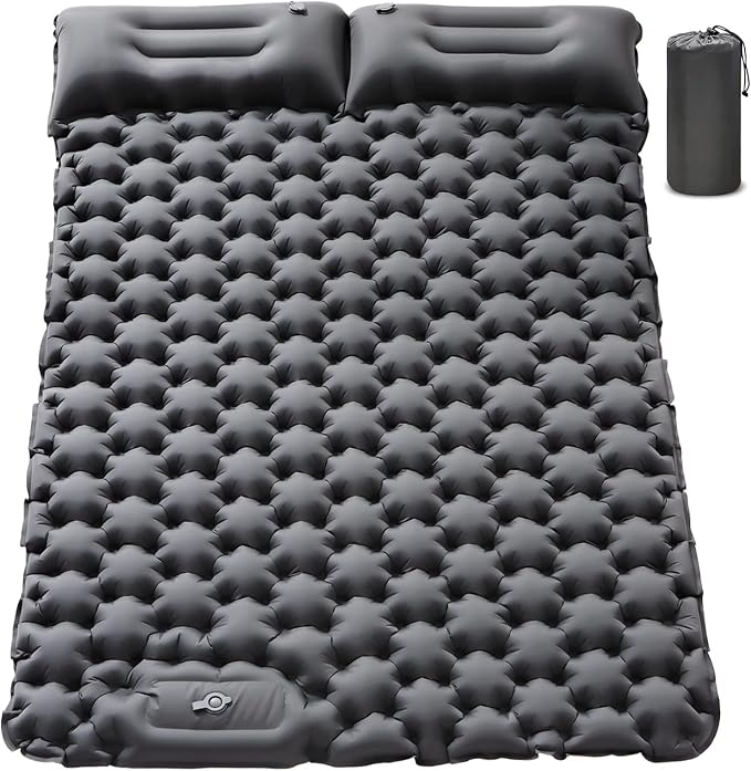 Double Sleeping Pad for Camping - 4" Extra Thick Self Inflating Air Mattress for 2 Person with Built-in Pillow & Foot Pump, Waterproof Inflatable Sleeping Mat for Backpacking Tent Hiking Travel