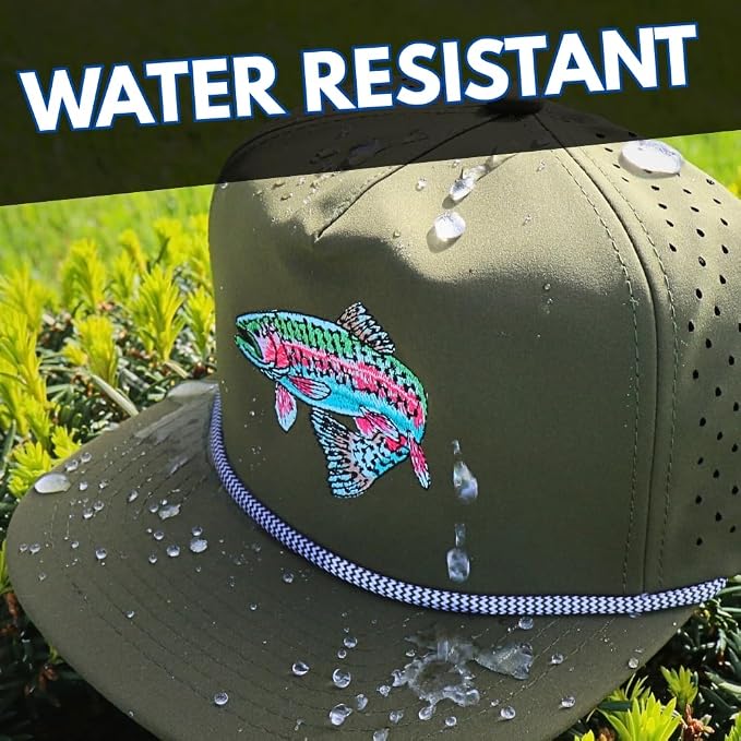 Trout Hat for Men - Dri-Fit Snapback Fishing Cap with Embroidered Rainbow Trout - Performance Laser Back Hat