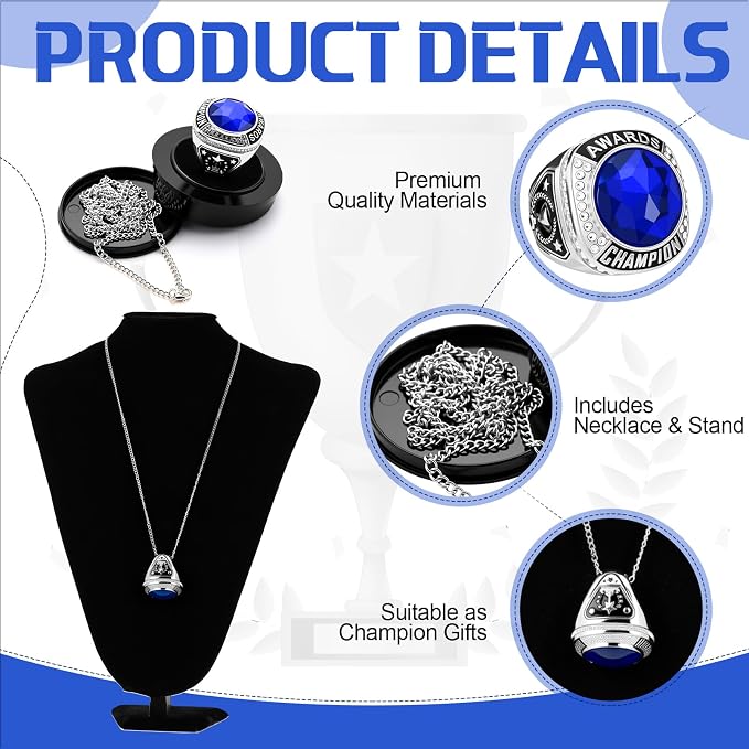 Landical 10 Pcs Championship Trophy Rings Bulk MVP Winner Youth Award Gift with Neck Chains and Display Stand for Basketball Baseball Football Volleyball Softball
