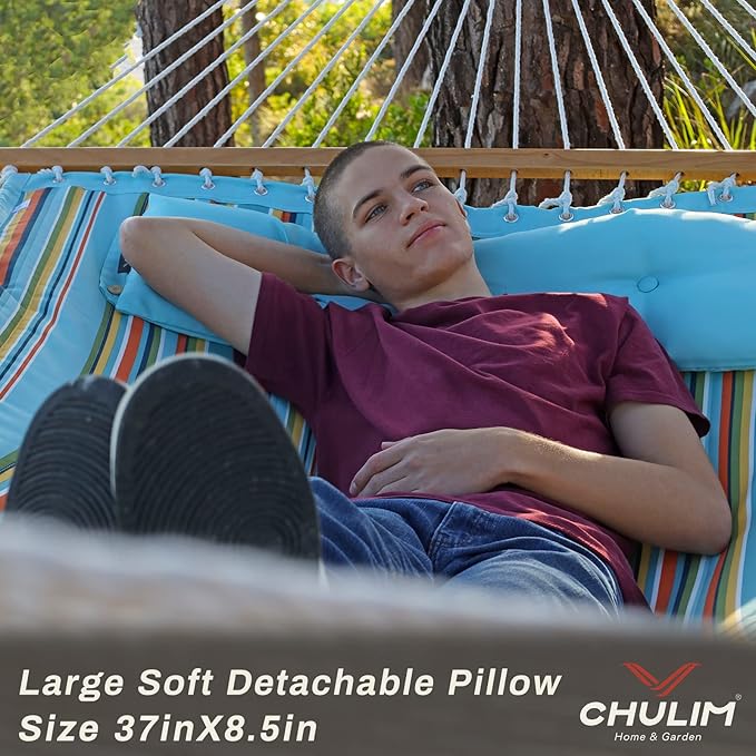 CHULIM 12 FT Double Quilted Fabric Hammock with Spreader Bars and Pillow 450 LBS Weight Capacity 2 Person Hammock for Outdoor Patio Backyard Poolside Blue Stripes