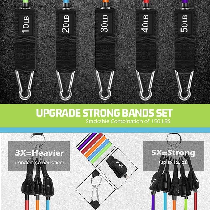 VEICK Resistance Bands Set, 10-150 LBS Stackable Exercise Bands with Handles, Ankle Straps & Door Anchor, Workout Bands for Home Gym, Yoga, Pilates, Physical Therapy for Men Women