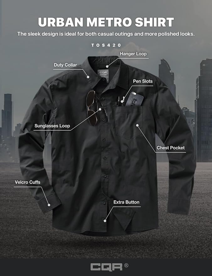 CQR Men's Long Sleeve Tactical Shirts, Ripstop Military Work Shirts, UPF 50+ Breathable Button Down Outdoor Hiking Shirt