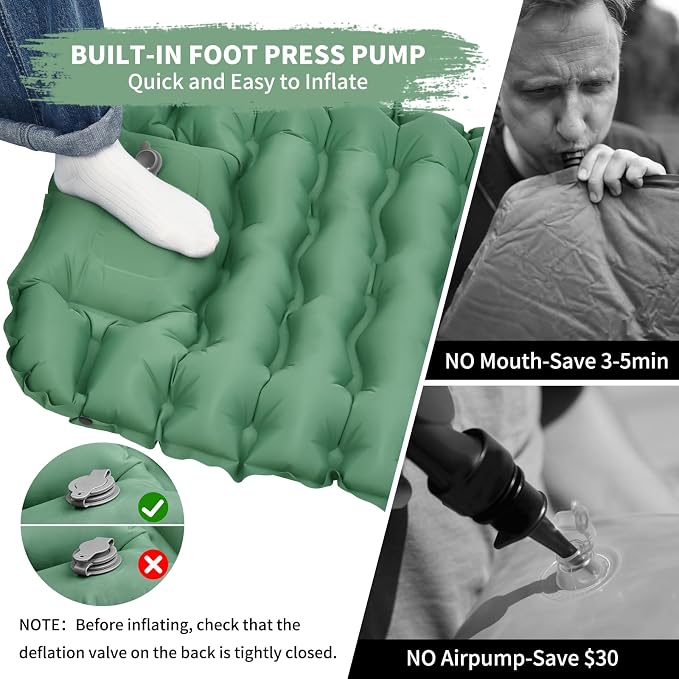 Camping Sleeping Pad, Connectable Design for Double Mat, Ultralight Inflatable Sleeping Mat with Pillow, Built-in Foot Pump, Portable Camping Air Mattress for Backpacking Hiking Tent (Green)