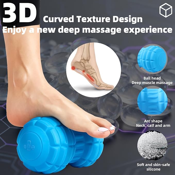 Vibrating Peanut Massage Ball – Back, Neck, Hip, Calf, Leg & Foot Muscle Roller, Trigger Point Massage Ball for Deep Tissue Myofascial Release, Silicone Shell, 4-Speed (Blue)