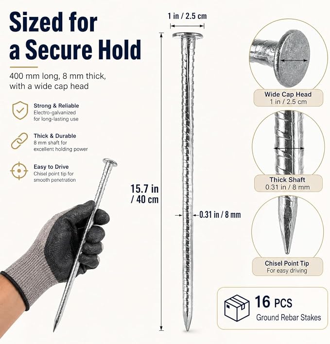 16Pcs Rebar Stakes 16 inches 3/8 Inch Diameter Galvanized Steel Concrete Form Stakes, Plant Support Garden Metal Spikes for Ground Anchors, Speed Bump, Wheel Stop