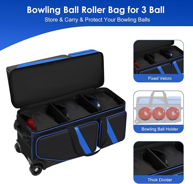 3 Ball Bowling Roller Bag with Smooth Wheels & Shoe Compartment, Heavy Duty 3 Ball Bowling Bag with Retractable Handle, Large Capacity Bowling Bag with Multi-pockets for Tournament, Travel, League
