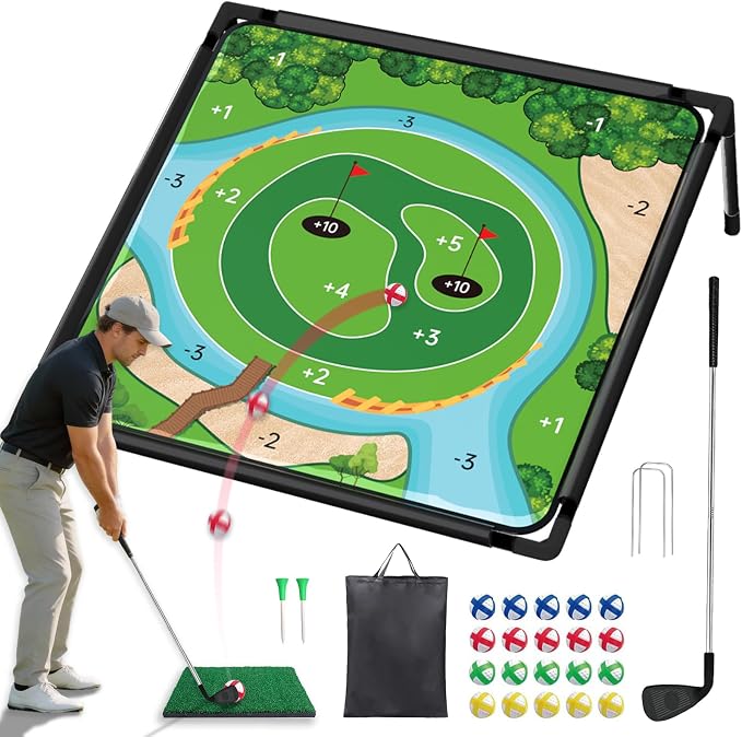 Dual-Sided Golf Chipping Game Set with Club - Sticky Golf Games Pro Battle Mat,Portable Practice Game,Golf Gifts for Dads and Junior Golfers - Indoor and Outdoor (1Pack)