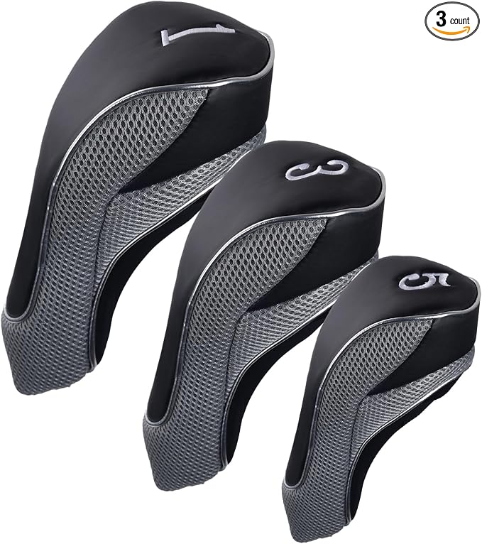 Andux Golf Wood Club Head Covers with Hook & Loop Set of 3 | for 460cc Driver Fairway Short Neck Faux Leather and Nylon-mesh Embroidery thread Number