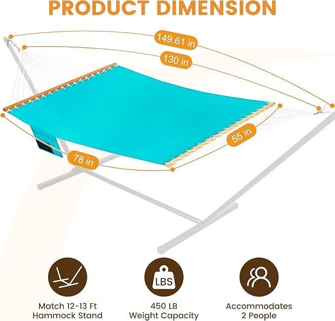 Lazy Daze Hammocks 11 FT Double Outside Hammock Quick Dry Olefin Fabric Hammock with Spreader Bar & Side Pocket for Outdoor Poolside Backyard 450 lbs Capacity, Turquoise