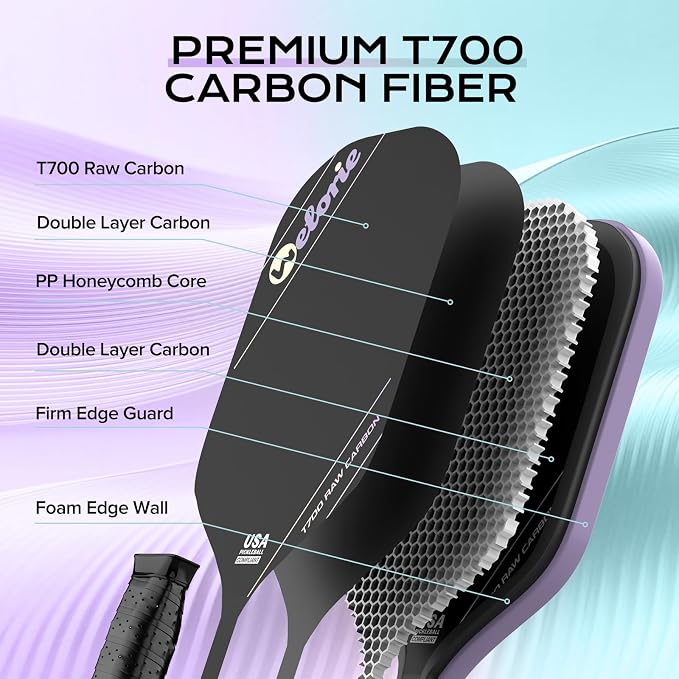 Pickleball Paddles for Men and Women,T700 Carbon Fiber Pickleball Racket with 16mm Polypropylene Honeycomb Core, Ultimate Spin & Consistency for Intermediate Level Players