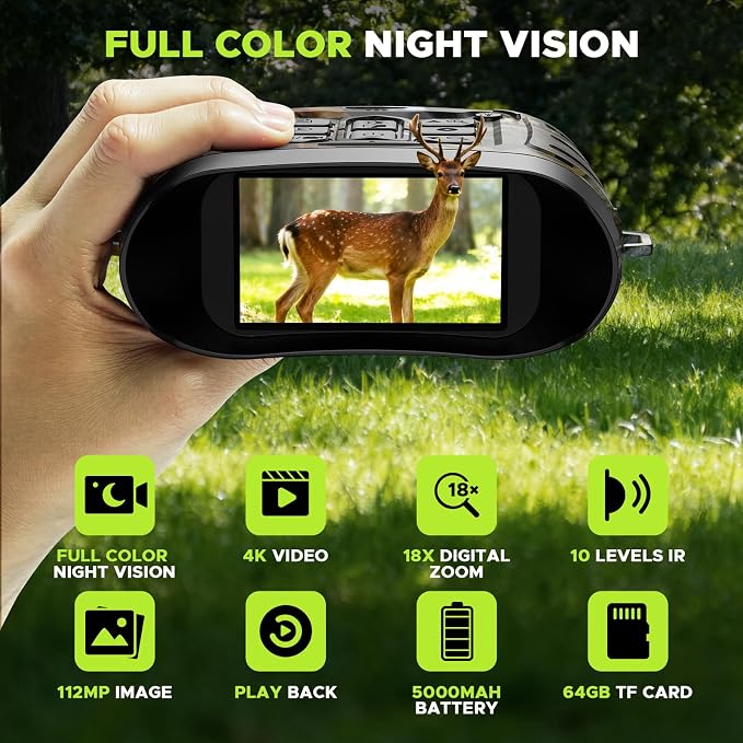 Night Vision Goggles 4K, 112 MP Full Color Night Vision Binoculars 18X Zoom, 5000mAh Battery, 1968ft Range, 64GB Card Included, Infrared Binoculars for Hunting Camping Security
