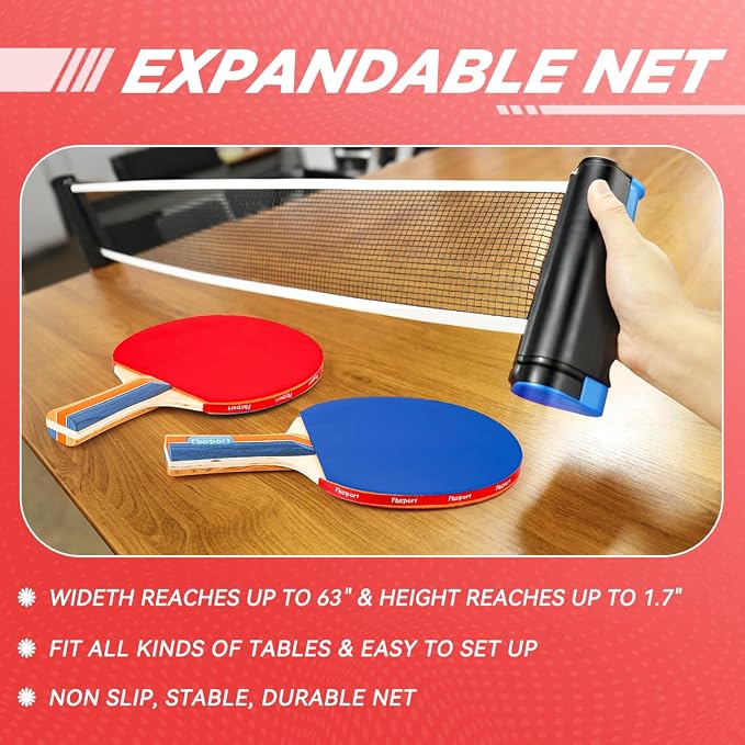 FBSPORT Ping Pong Paddle Set, Table Tennis Set with 4 Rackets and 8 Balls, Retractable Net with Storage Bag - Pingpong Paddle Accessories for Indoor/Outdoor Games