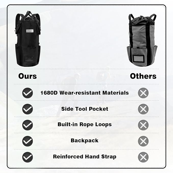 AOLEBA Arborist Rope Storage Bag Tree Climbing Rock Rope Bucket Backpack Rope Storage Bag Large Capacity 1680D Thicken Nylon Material with Hand Straps, Side Pockets