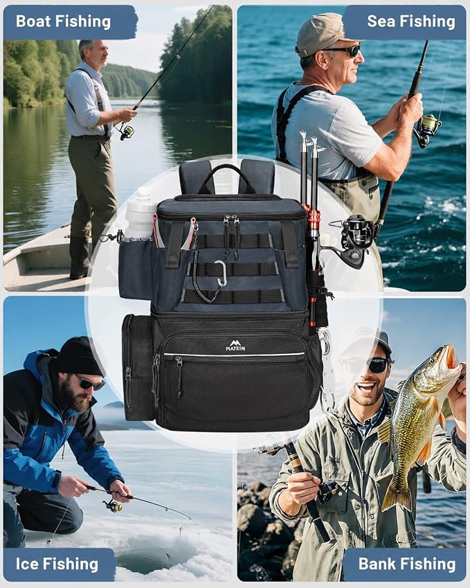 MATEIN Fishing Backpack with 4 Tackle Boxes, Fishing Bag with Rod Holder | 3600 Tackle Box 4 Pack, Water Resistant Tackle Backpack with Cooler Compartment, Safety Compass, Gifts for Fishermen