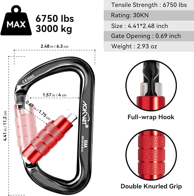 30KN Auto Locking Carabiner Clip Twist Lock UIAA Certified Large Climbing Carabiner Heavy Duty Carabiner for Rock Tree Climbing Rappelling Mountaineering Caving Rescue Arborist Aerial Yoga