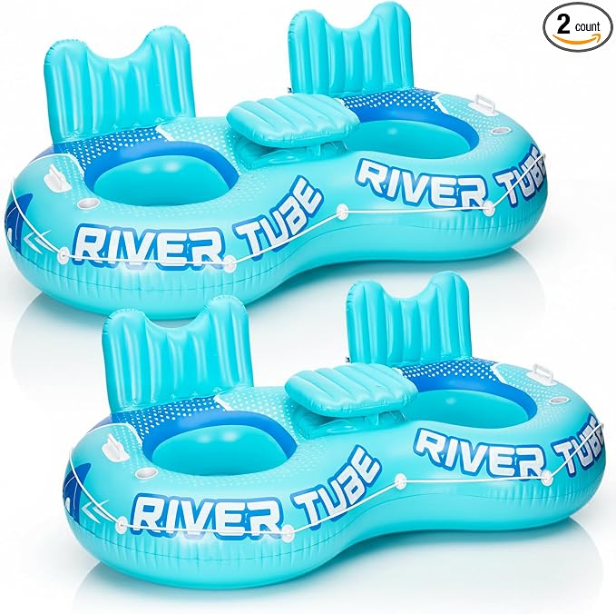 Pcs Inflatable River Tube Float, 2 Person Heavy Duty Pool Float with Built in Cooler, Ergonomic Backrest and Cup Holders for Adults, Lake Water Tubes for Floating Summer Relaxation
