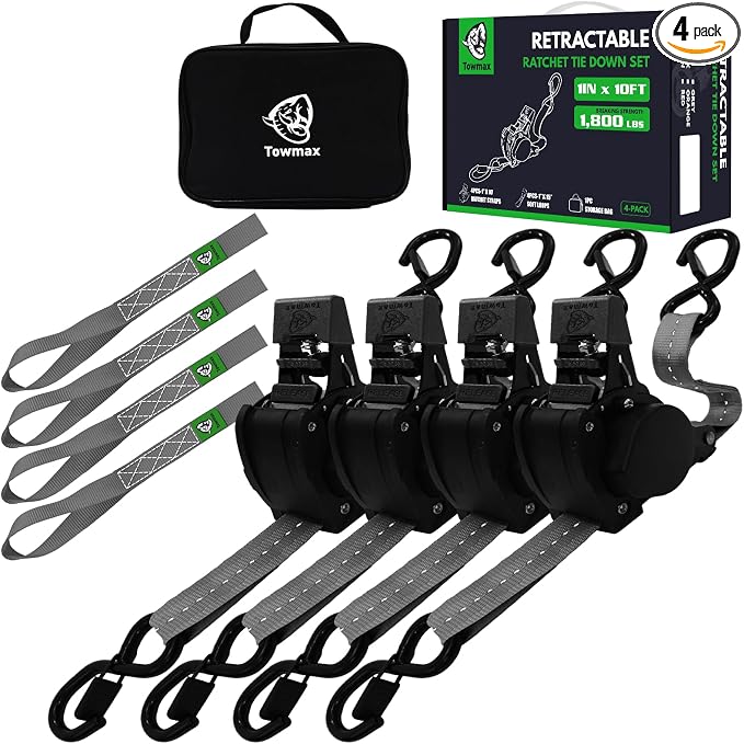 Retractable Ratchet Straps (Patented-4pack) - 1 inch x 10Feet (1,800lb Break Strength) Auto Self Retracting Tie Down Straps - Self Retractable Straps with Refletcive for Motorcyle, Truck or Cargo