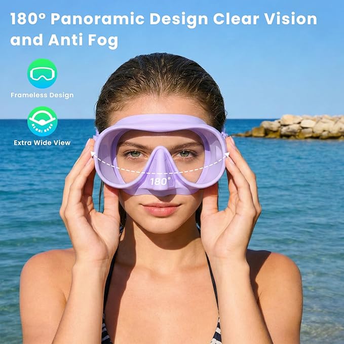 Snorkeling Gear for Adults, Snorkel Set Adult, Scuba Diving Mask, Panoramic View Anti-Leak Anti-Fog Dive Swimming Goggles Tempered Glass Panoramic Wide View Travel Portable Foldable