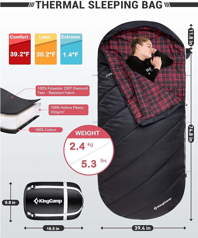KingCamp Sleeping Bag for Adults Big and Tall, Cold Weather Camping Sleeping Bag with Soft 100% Cotton Flannel Lining, Portable Lightweight Outdoor Traveling & Car Camping