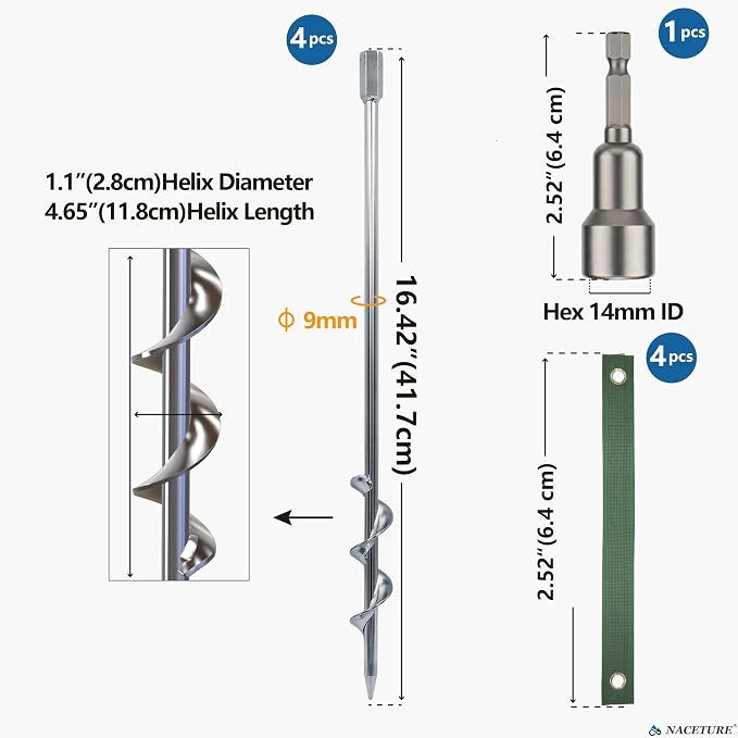 NACETURE 18-Inch Ground Anchors Screw in, Heavy Duty Trampoline Anchor Kit with L Brackets, 4 Pack Screw In Ground Anchors with Manual & Power Wrench, Tie-Down Straps for Trampoline