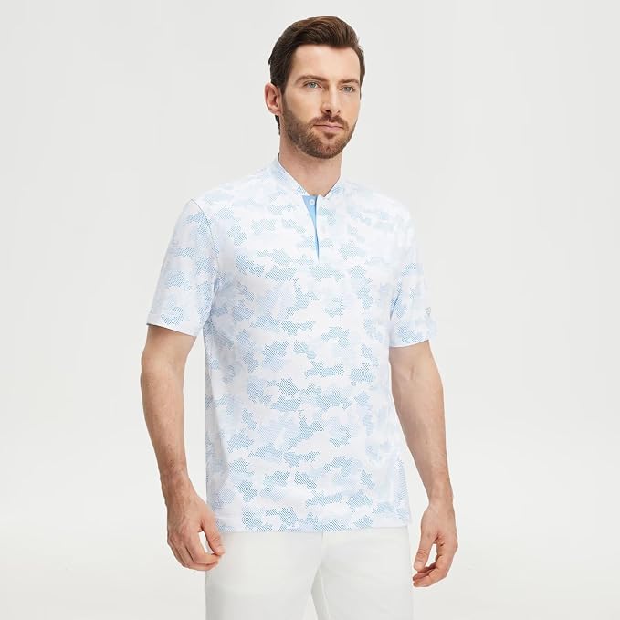 M MAELREG Golf Shirts for Men Collarless Performance Dry Fit Stretch Henley Casual Printed Mens Polo Shirts Short Sleeve