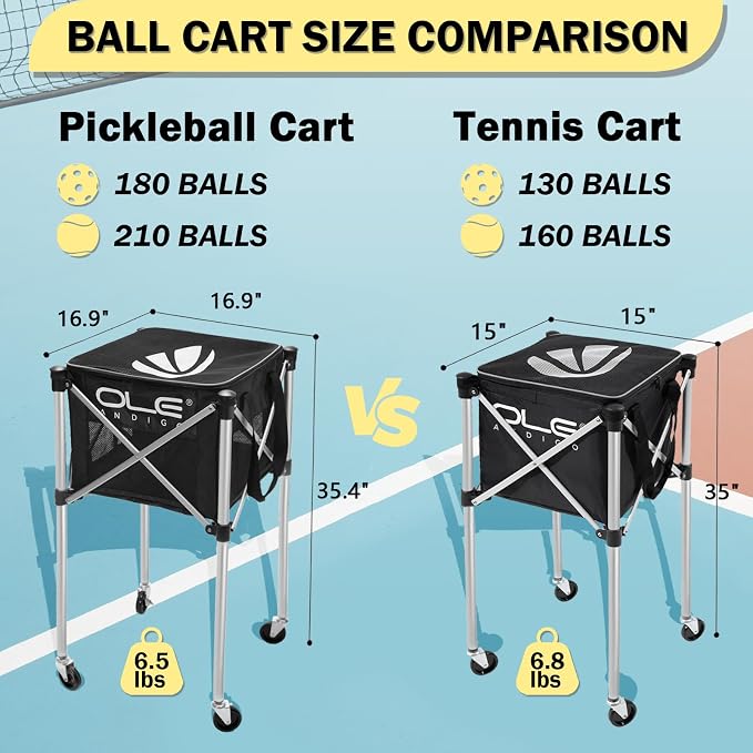 Pickleball Cart with Wheels, Foldable Tennis Ball Hopper Holds 180 Pickleballs or 210 Tennis Balls, Portable Ball Caddy with Side Storage Bag for Pickleball Training
