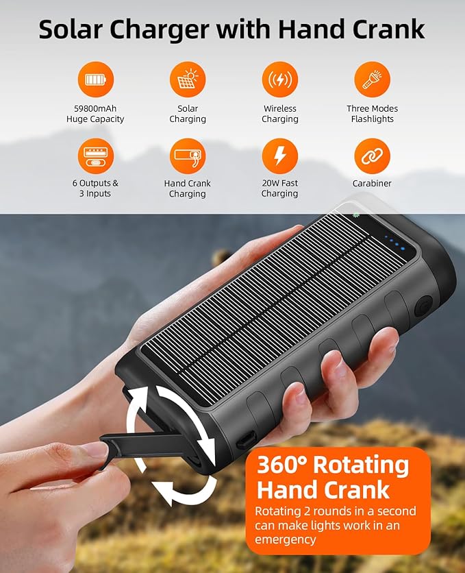 Solar Charger Power Bank 59800mAh, 15W Wireless Charging Compatible with iPhone Samsung Apple Watch, Outdoor Battery Pack, 3 Built in Cables & Hand Crank, Dual LED Flashlight for Camping Hiking Travel