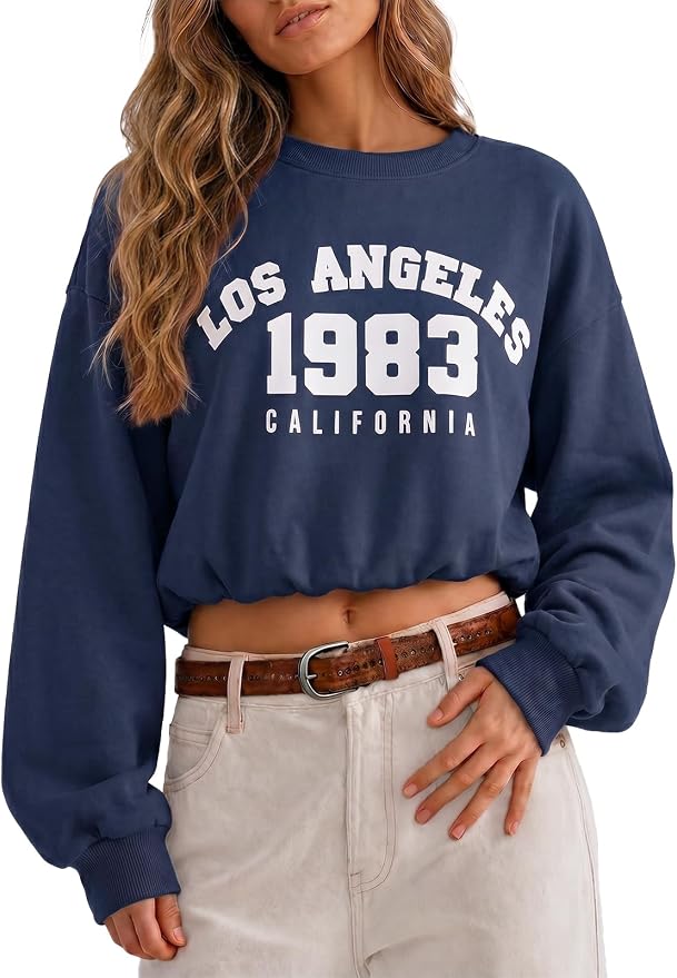 Flowyair Womens Crewneck Sweatshirt Los Angeles Elastic Waist Crop Tops | Long Sleeve, Loose Fit, Fall Spring, Pullover Tops, Round Neck, Elasticated Hem