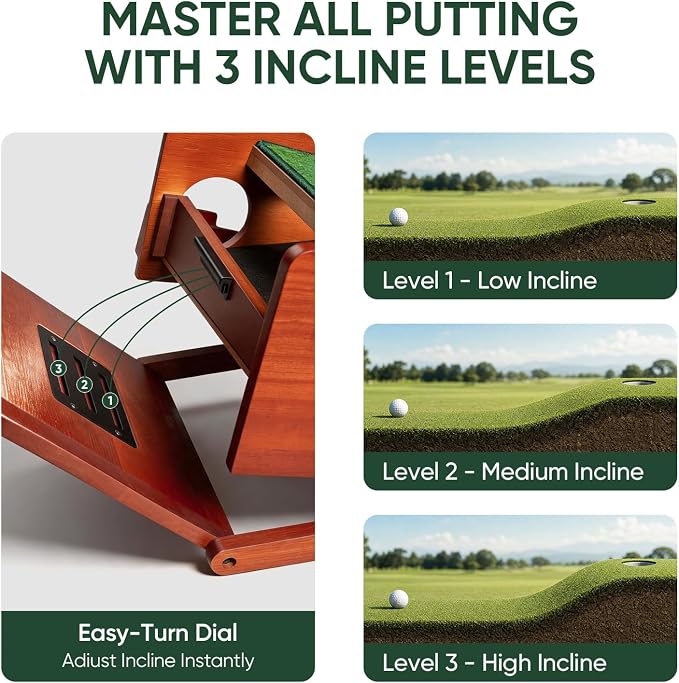 Golf Putting Green Indoor - Practice Uphill Putts, 3-Level Adjustable Incline, Auto Ball Return and Foldable Solid Wood Base, Golf Training Aid for Home, Office, Backyard - Golf Putting Mat
