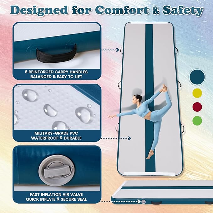 Tuxedo Sailor Inflatable Gymnastics Mat with Electric Pump, Storage Bag, Repair Kit–Air Mat for Home Training, Cheerleading, Yoga