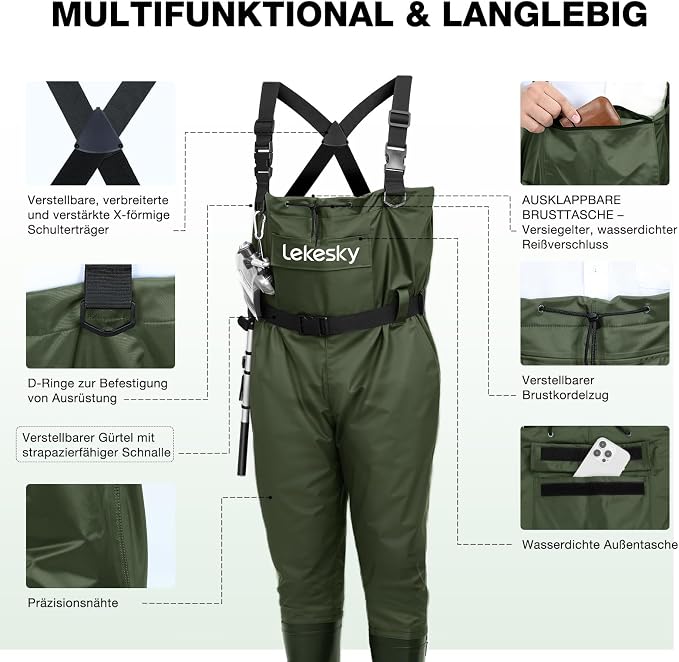 Lekesky Fly Fishing Chest Waders with Boots for Men Women, US Sizes 5–14,2-Ply Nylon/Pvc Waterproof Waders