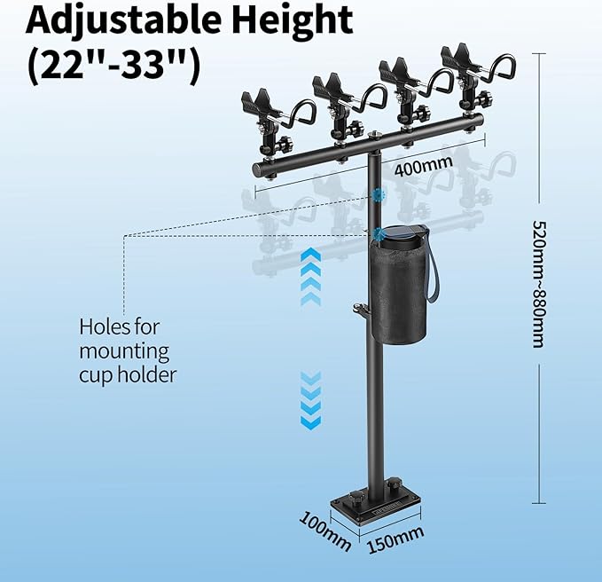 Inshore Rod Holder for Boat, Adjustable Height & 360° Tangle-Free Rotation Gunnels, Aluminum, Includes Cup & Gear Pouch (4 Rod Holder)