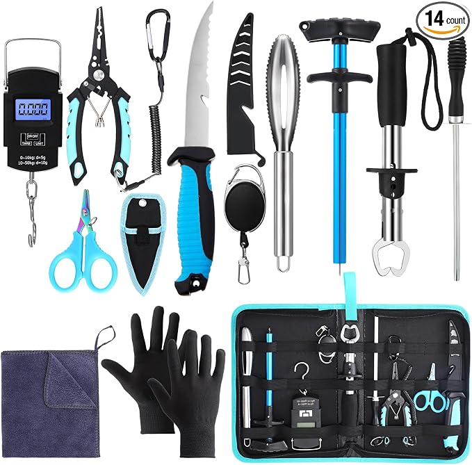 RoundFunny 14 Pcs Fishing Tool Kit, Fillet Knife, Fishing Pliers with Lanyard, Digital Scale, Lip Gripper, Hook Remover Fish Scaler Braid Scissors Gloves Sharpening Rod Retractor Towel Bag