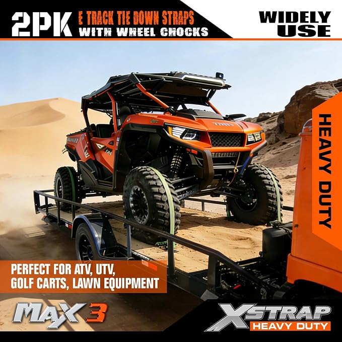 XSTRAP STANDARD Wheel Chock E-Track Tie Down Straps Kit, 2 Pack 2" x 9FT Over-The-Tire Ratchet Straps with Steel Wheel Chocks, 1466 lbs WLL for ATV, UTV, Lawn Mower, Trailer Hauling, Orange