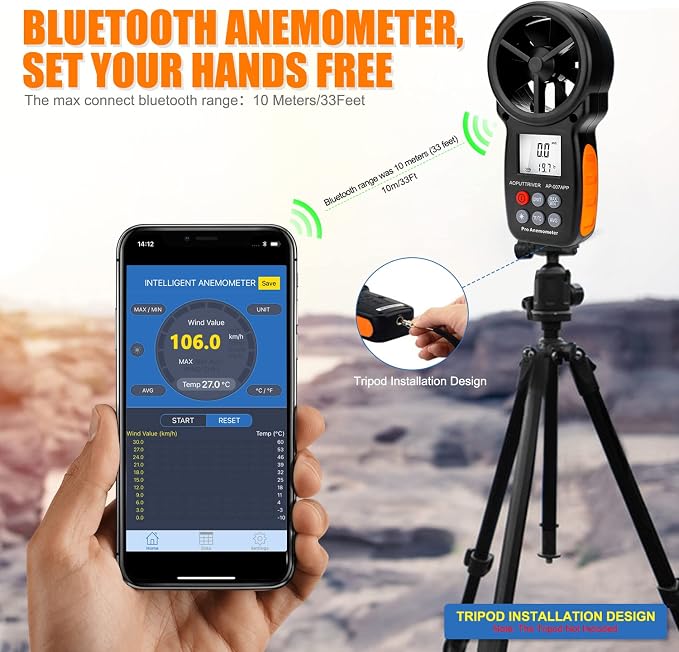 Digital Anemometer Bluetooth, Air Flow Velocity Meter Measuring Wind Temperature Wind Chill Gauge Tester, Handheld Wind Speed Meter for Outdoor Sailing Shooting Golf-AP-100APP