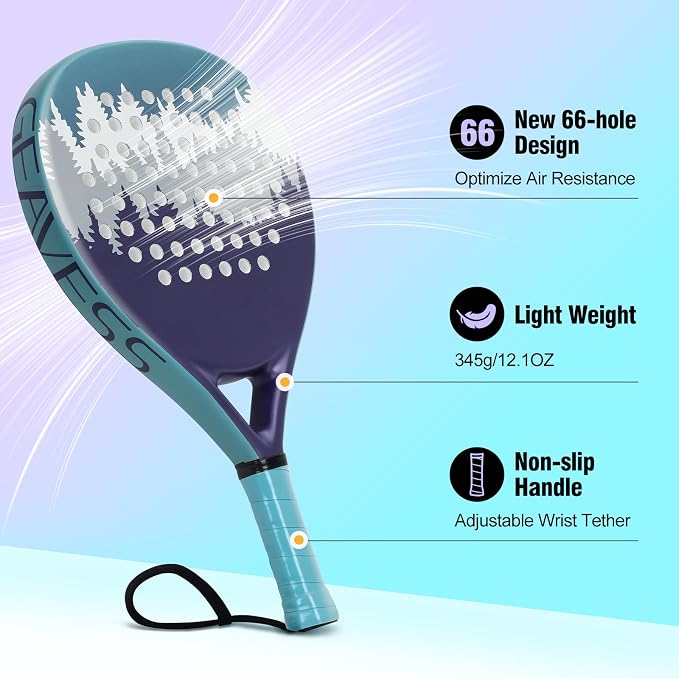 Padel Racket, Carbon Fiber Surface with EVA Memory Flex Foam Core, Shock Absorption Large Sweet Spot, Lightweight Pala De Padel for Beginners & Intermediate