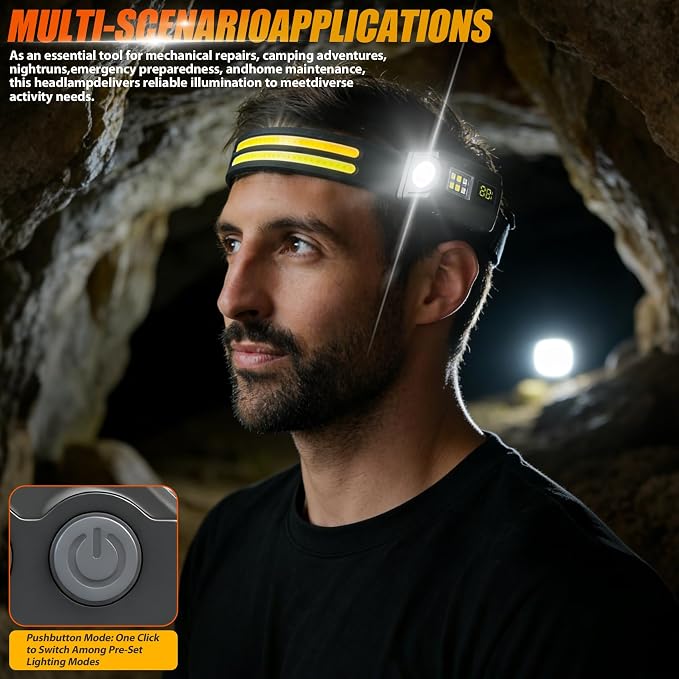 Headlamp Rechargeable, 230° COB Wide Beam Head Lamp Headband with Motion Sensor, Mini LED headlamp with Detachable Magnetic Attachment Design, 3+5 Modes for Outdoor Camping Fishing Running (6)
