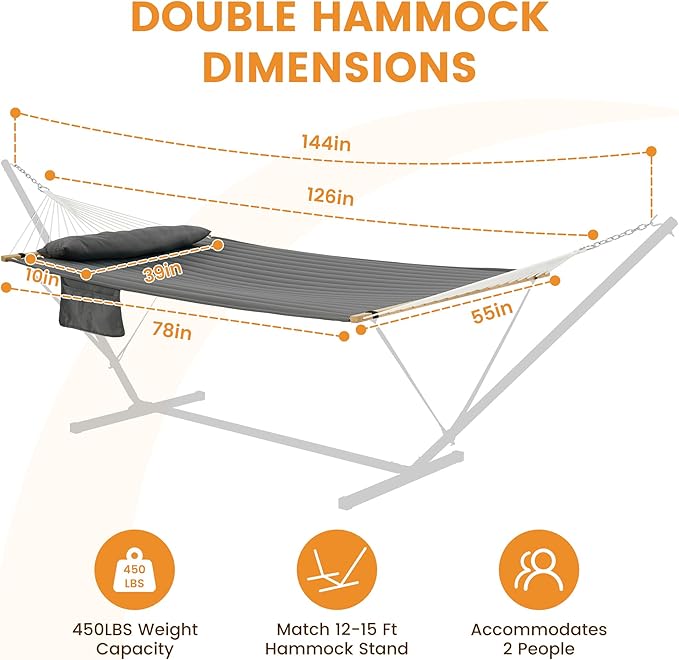 Lazy Daze Hammocks 10.5FT 2 Person Double Quilted Fabric Hammock with Spreader Bar, Detachable Pillow, Side Pocket, Carabiners, Chains, Straps for Outdoor, 450lbs Capacity, Grey