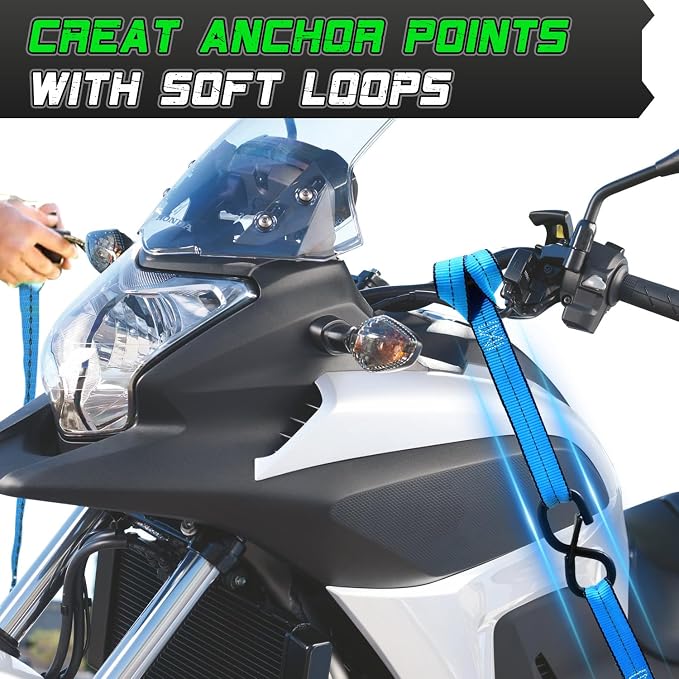 Motorcycle Tie Down Strap (4PK 1.0INX15FT) - 2,100lb Break Strength, Premium Ratchet Tie Down Straps Set, Soft Loop Ratchet Straps for Moving Appliances, Lawn Equipment, Cargo Straps for Trucks
