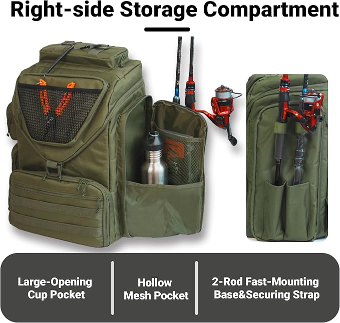 kokkoya 37L Fishing Backpack Tackle Box Back Pack Tacklebox for Men Dad with 2 Rod Holders Two Tier Storage 3 Clear Pockets Kayak Fishing